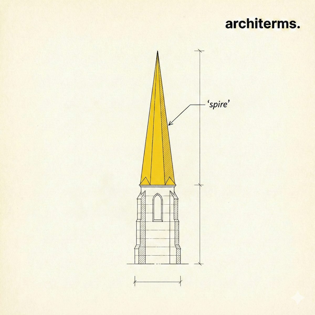 Spire — tall slender tapering pointed structure rising from a Gothic church tower toward the sky
