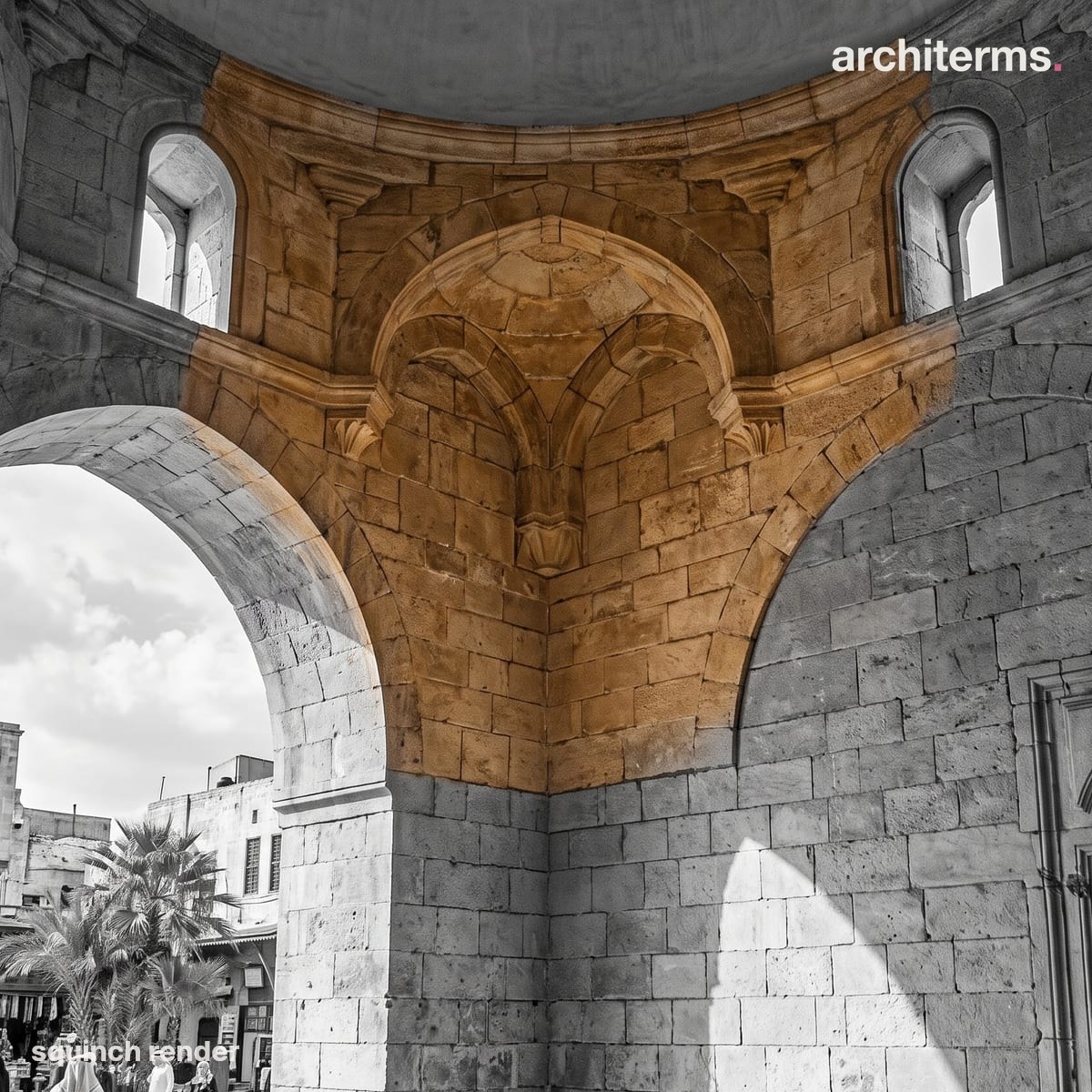 Photorealistic render of a stone squinch bridging the upper corner of a square chamber, its tiered arches picked out in warm sandstone against grey ashlar walls