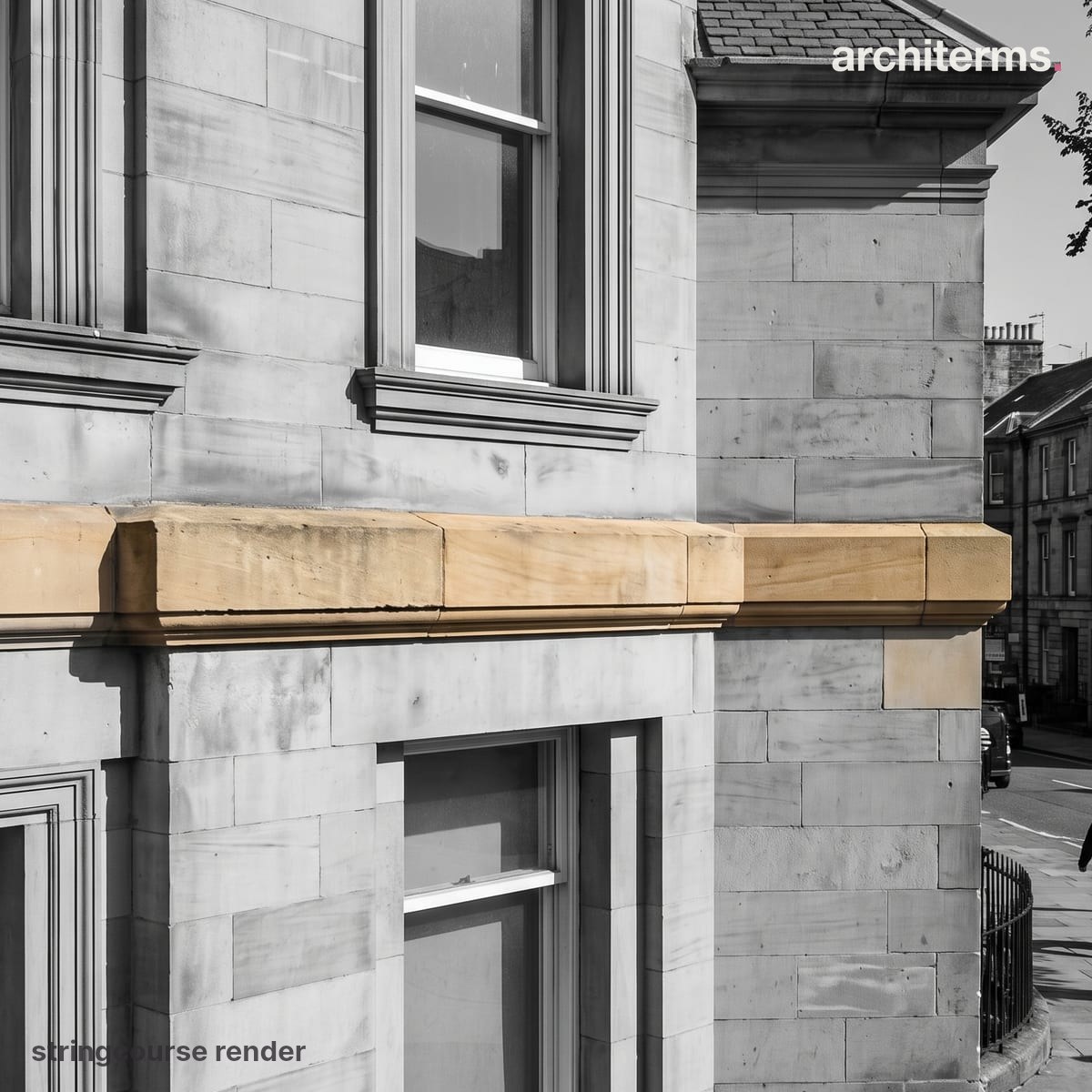 Photorealistic render of a projecting horizontal stringcourse in warm sandstone running across a grey ashlar facade and turning the corner between storeys