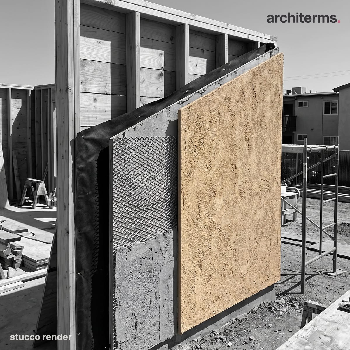 Photorealistic render of a warm sandy stucco finish coat over lath and grey base plaster on a timber-framed wall, exposed in section on site