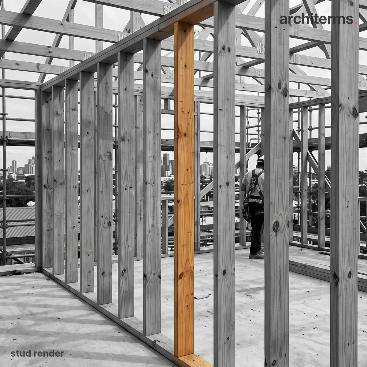 Photorealistic render of a timber-framed wall on a construction floor, one vertical stud picked out in warm timber among a row of grey uprights
