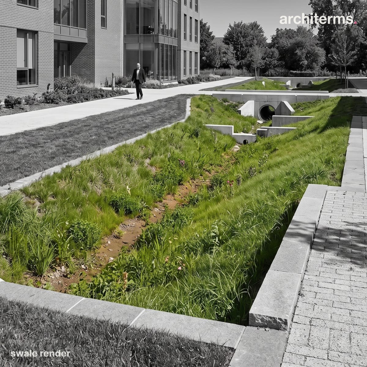 Photorealistic render of a broad grassed swale in green running between a paved path and buildings, its bare earth channel meeting concrete culverts at a path crossing