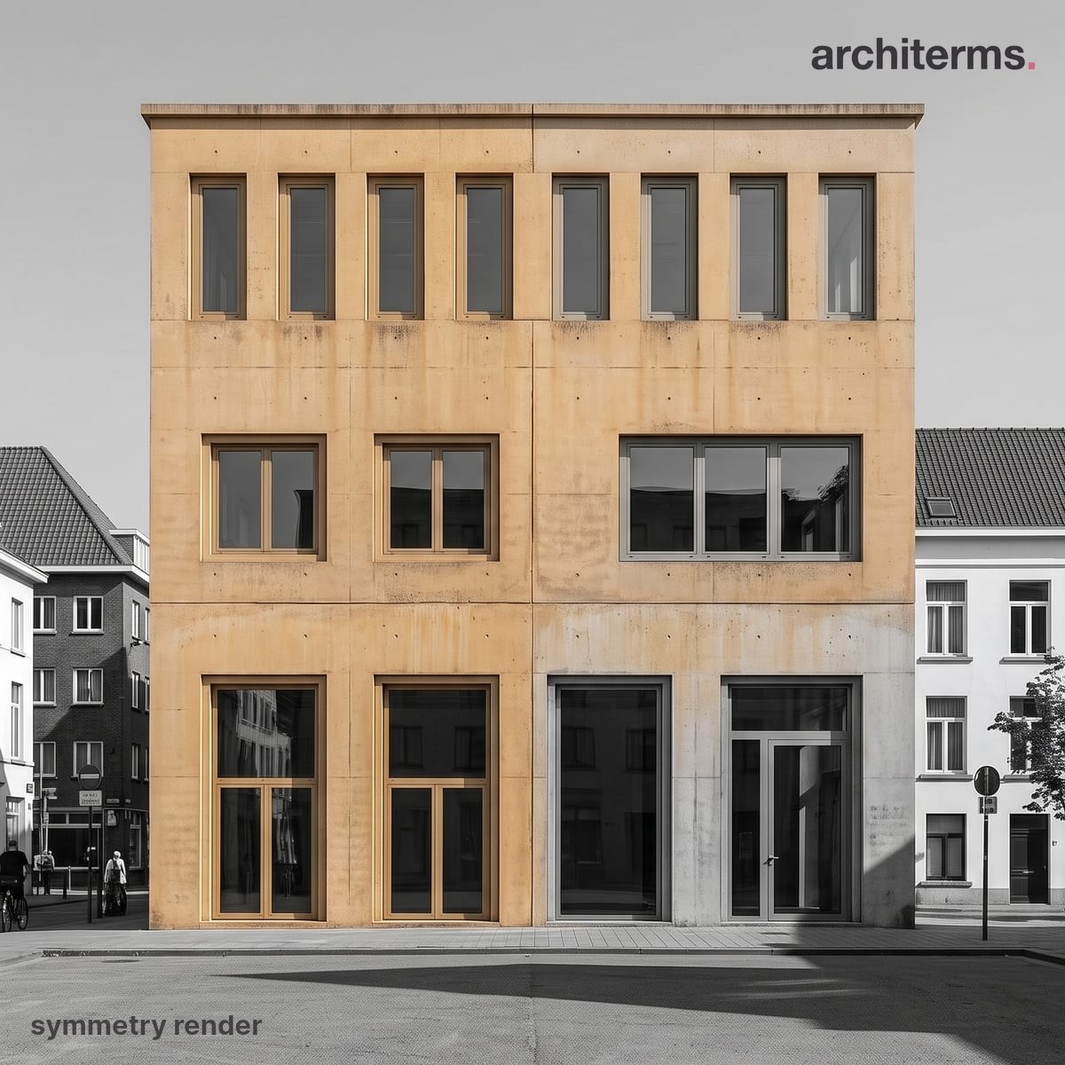 Photorealistic render of a three-storey concrete street front, warm-toned against grey neighbours, its symmetry clearest in the matched ranks of narrow top-floor windows