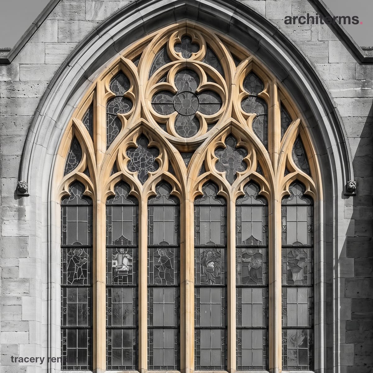 Photorealistic render of a pointed Gothic window whose stone tracery, in warm sandstone, splits the opening into slender lights and cusped circular shapes above the glass