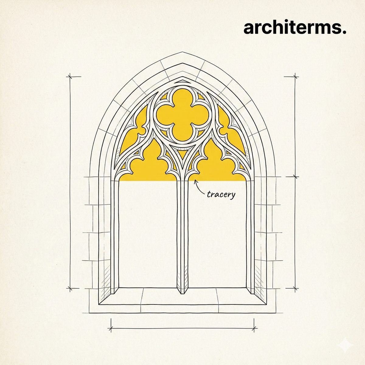 Tracery — slender stone mullions and curved bars dividing a Gothic window into lights and patterned shapes