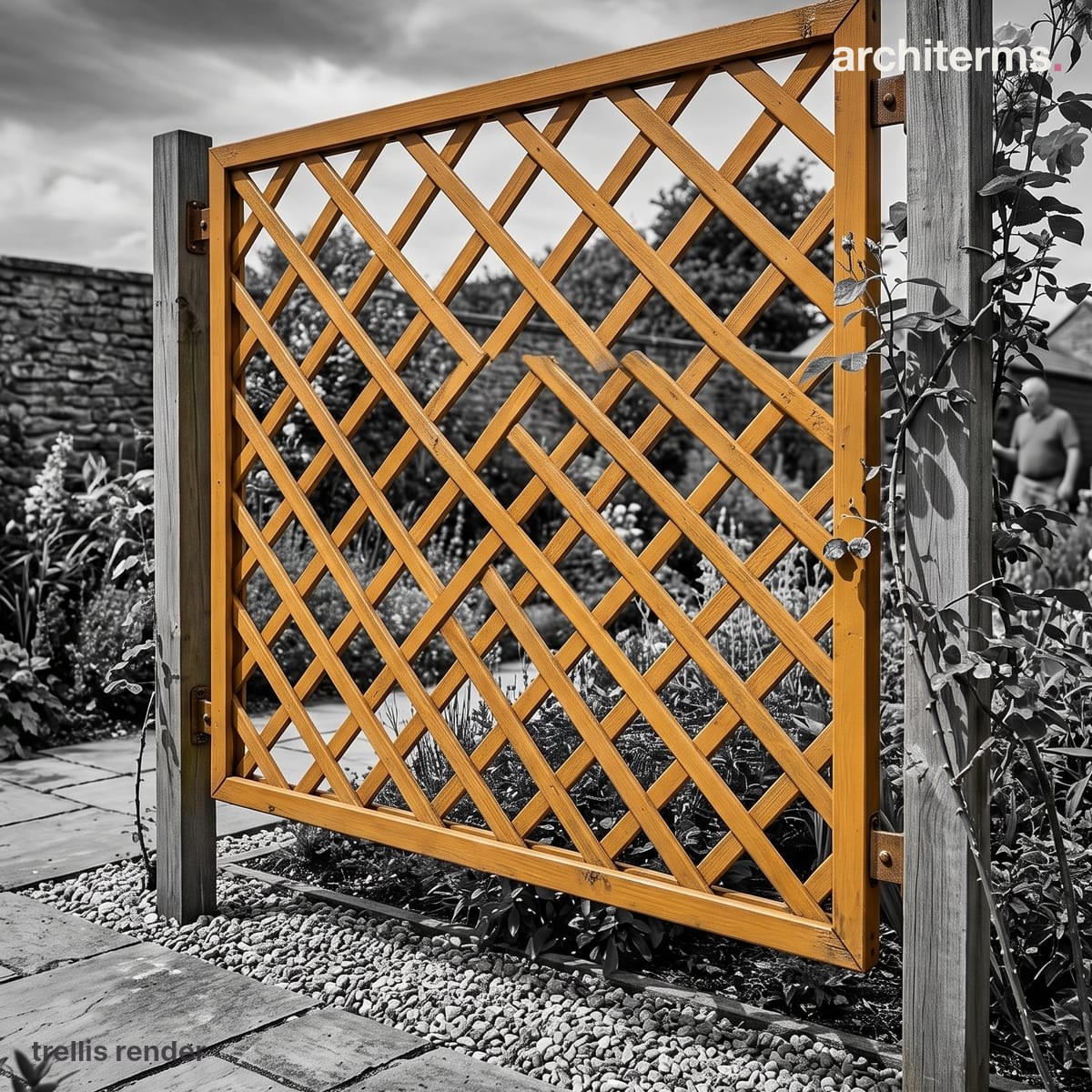 Photorealistic render of a diagonal timber lattice trellis panel, fixed between two grey posts in a garden, its warm wooden slats standing out against the greyscale planting