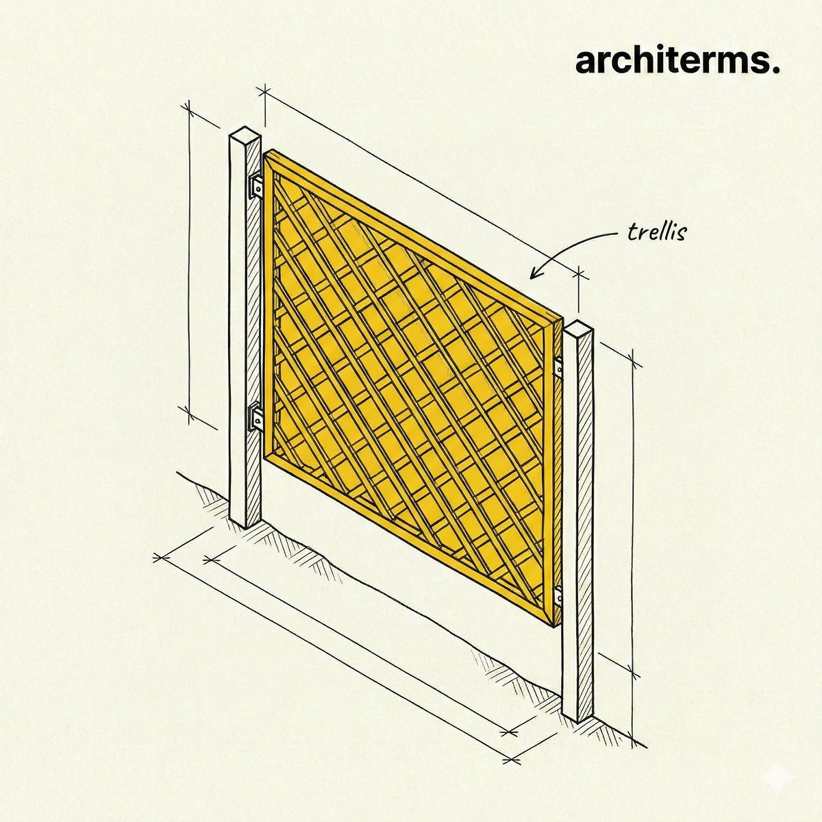 Trellis illustration showing an open lattice framework supporting climbing plants and acting as a light garden screen