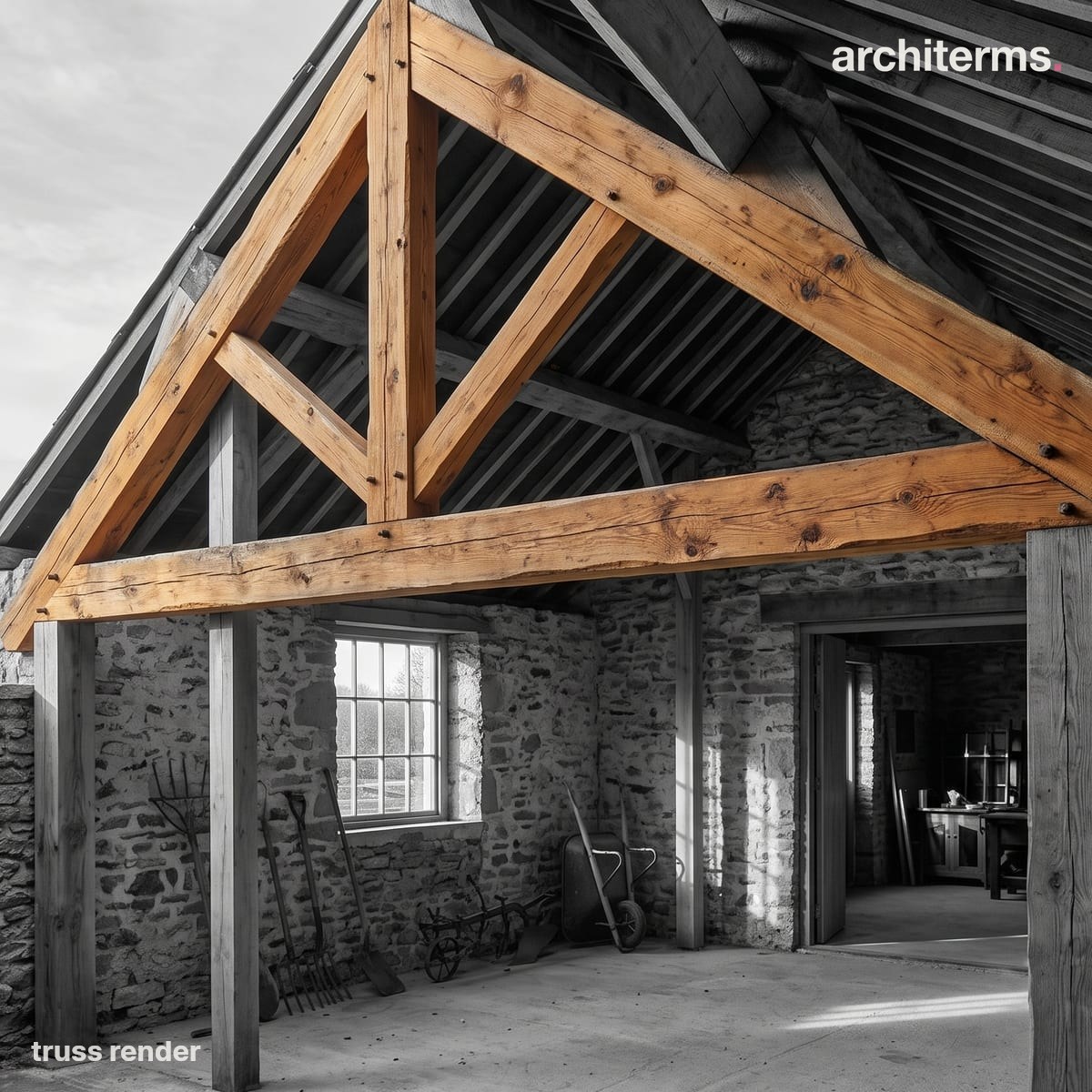 Photorealistic render of a timber roof truss spanning a stone barn, its rafters, tie beam and kingpost picked out in warm wood against a grey interior