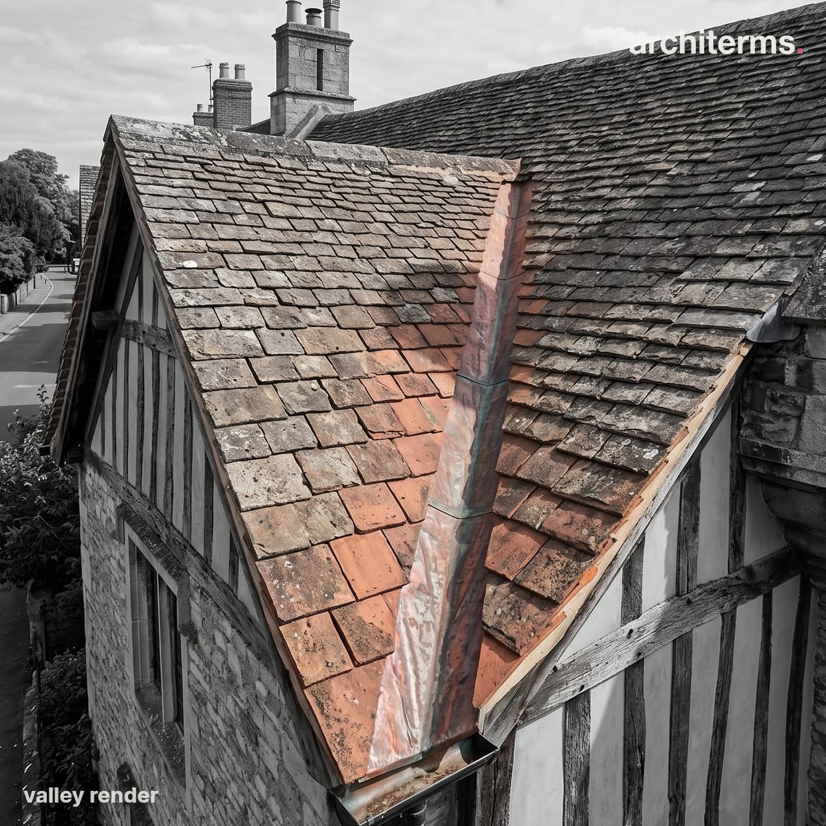 Photorealistic render of two tiled roof slopes meeting at an internal angle, the metal-lined valley gutter running down between them picked out in warm copper against grey tiling