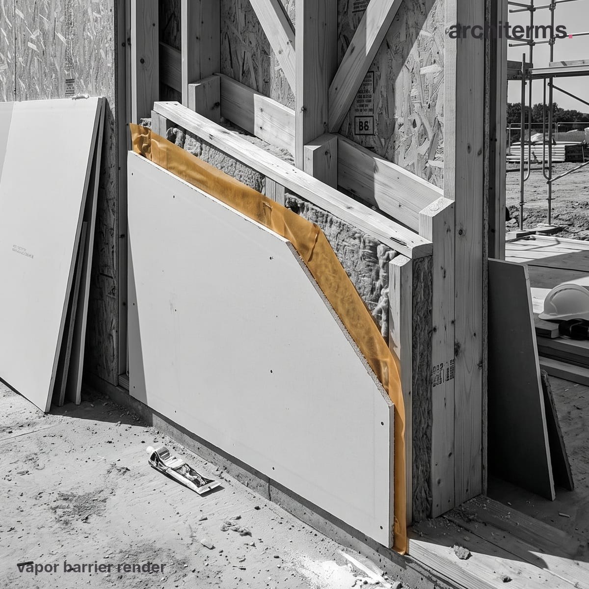 Photorealistic render of a cutaway timber-framed wall with an amber vapor barrier membrane sandwiched between the mineral wool insulation and the drywall board