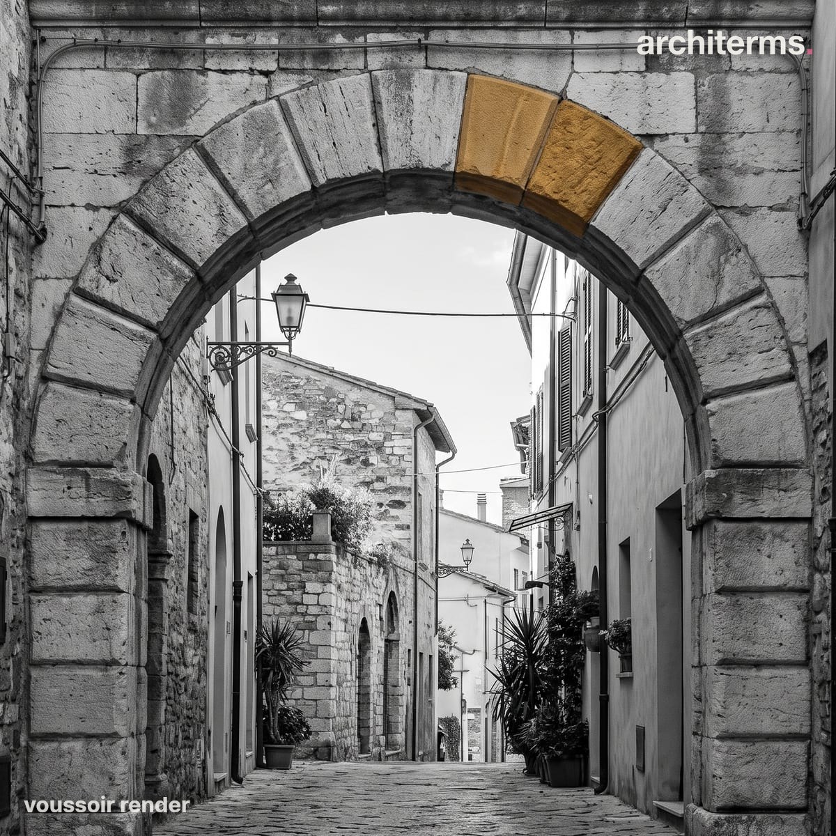 Photorealistic render of a stone archway over a cobbled lane, two wedge-shaped voussoir blocks just right of the crown picked out in warm sandstone against the grey ring