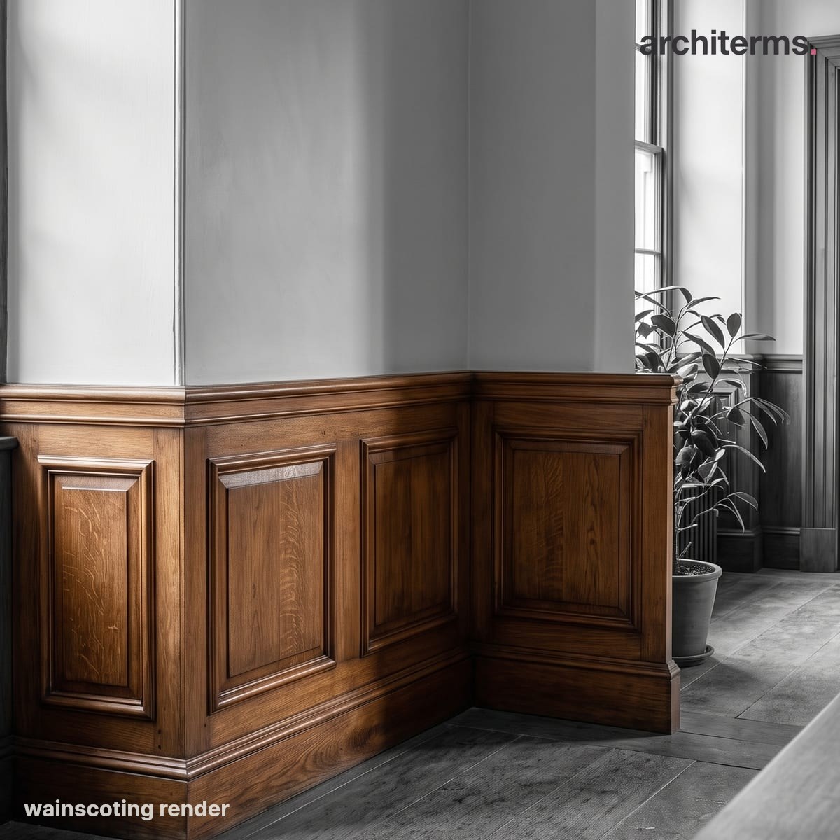 Photorealistic render of warm timber wainscoting wrapping the lower half of an interior corner, its framed raised panels capped by a moulded rail with plain grey wall above