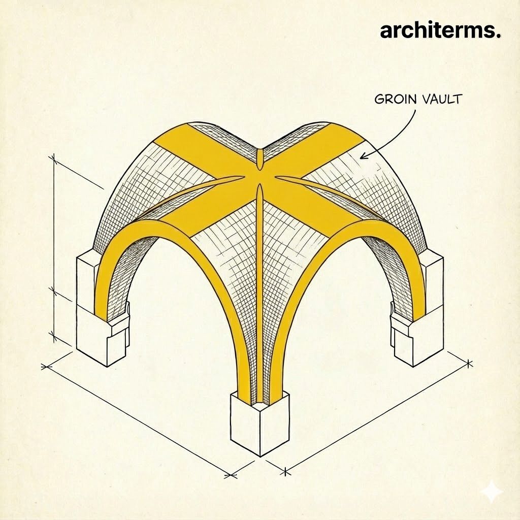 Groin vault — two barrel vaults intersecting at right angles, meeting along sharp diagonal groins